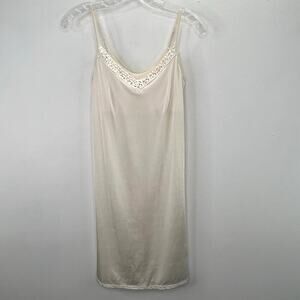Vintage Olga Slip Dress Chemise 36 Beige Cream Crochet Trim Built in Bra 12012
